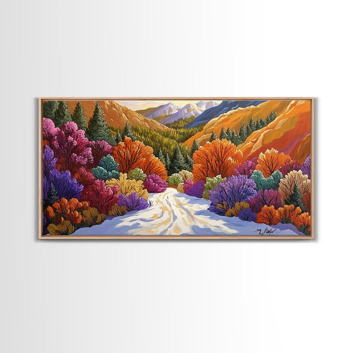 Autumn Forest, Snow, Trail, Canvas Print, Fall landscape painting, cabin wall decor, cozy mountain art, vibrant rustic hallway print