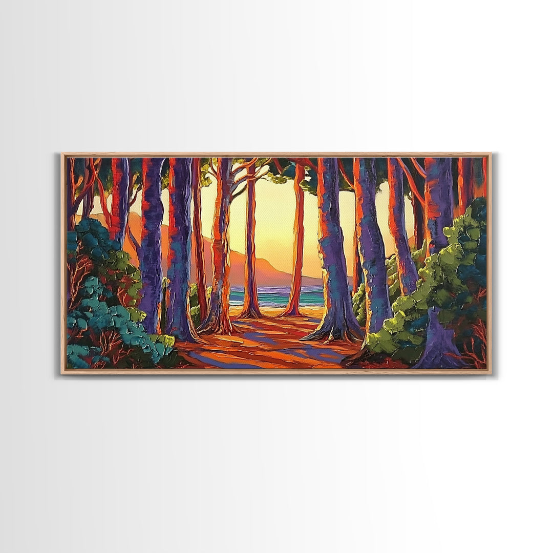 Trees Forest, Ocean, Sunset, Coastal Forest Path Framed Canvas Print, Nature Lover Wall Art, Cabin Decor, Fall Living Room Art