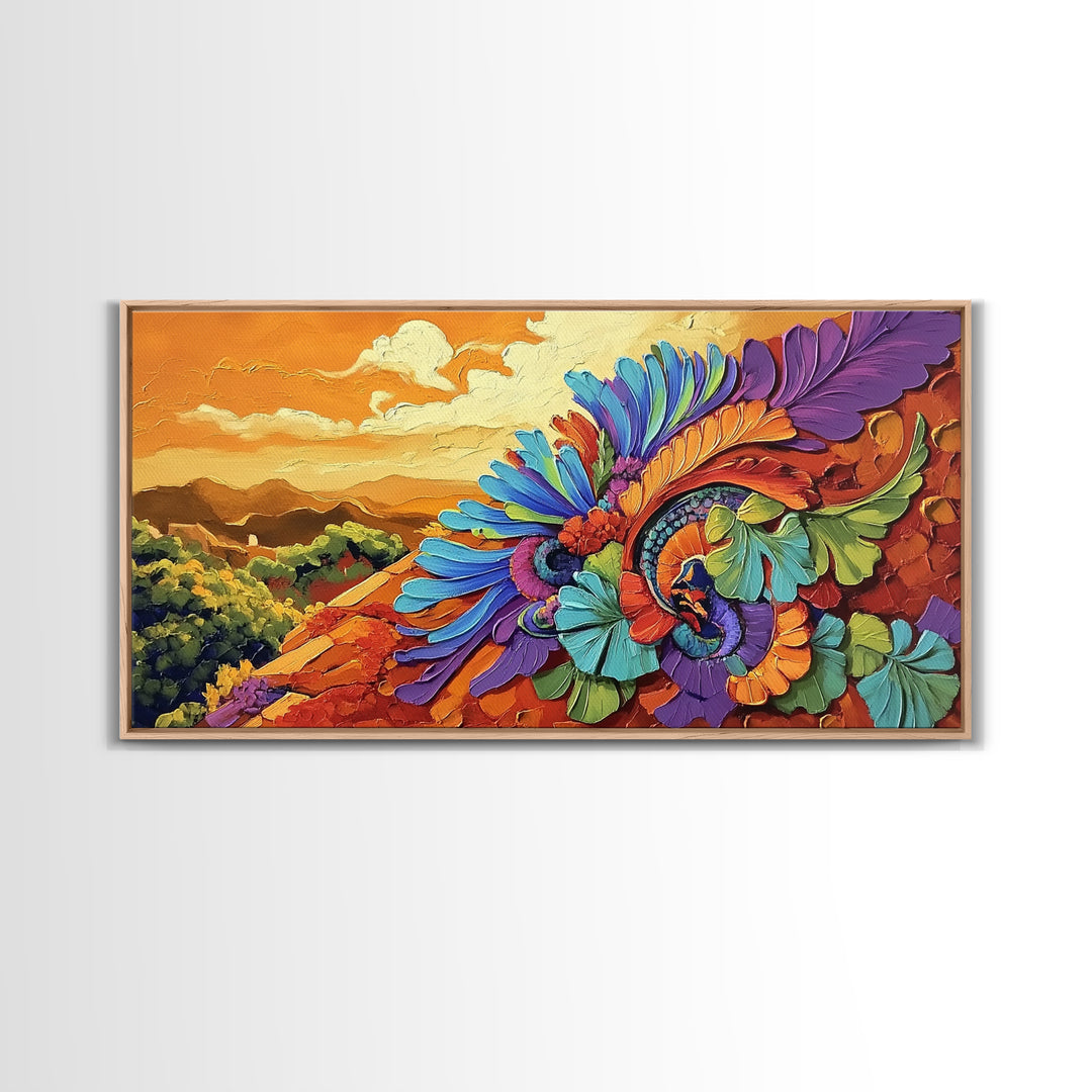 Colorful Feather, Design, Sunset, Framed Canvas Print, southwest wall art, abstract boho style, living room wall art, desert tones