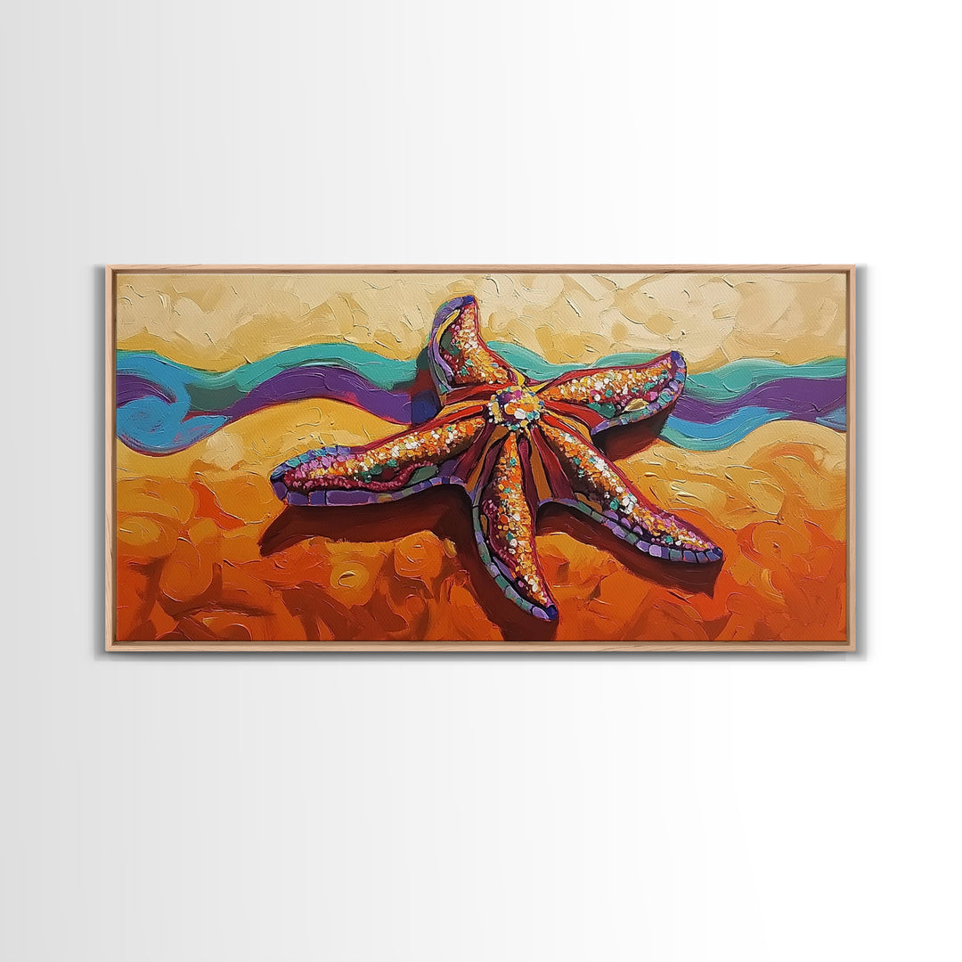 Starfish Beach, Colorful, Textured, Framed Canvas Print, coastal boho decor, ocean theme, beach house bathroom wall art
