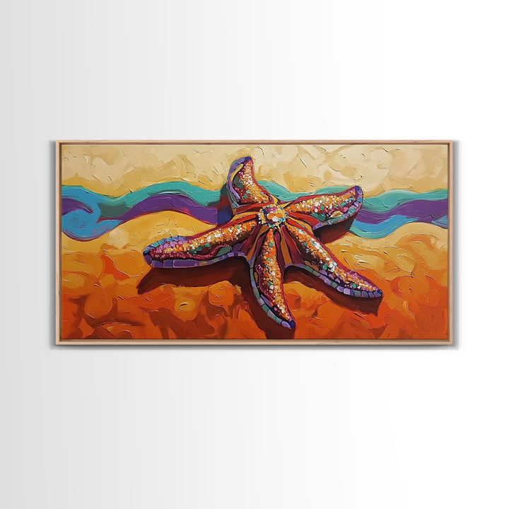 Starfish Beach, Colorful, Textured, Framed Canvas Print, coastal boho decor, ocean theme, beach house bathroom wall art