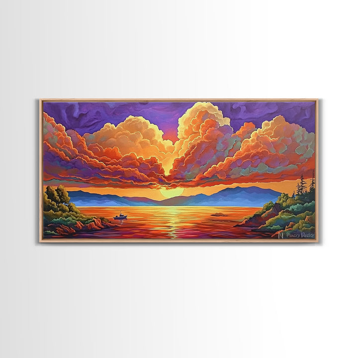 Boat Lake, Dramatic Sky, Sunset Clouds, Framed Canvas Print, Fall Landscape Art, Office Wall Decor, Vibrant Nature Scene, Moody Colors