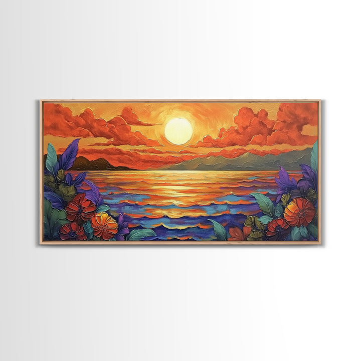 Flowers Sunset, Ocean View, Coastal Bloom, Framed Canvas Print, Vibrant Nature Art, Kitchen Wall Decor, Beach Garden Scene, Bold Colors