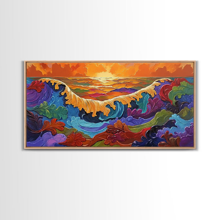Ocean Abstract, Waves, Sunset, Framed Canvas Print, Surreal Coastal Art, Living Room Wall Decor, Fantasy Seascape, Boho Expressionist