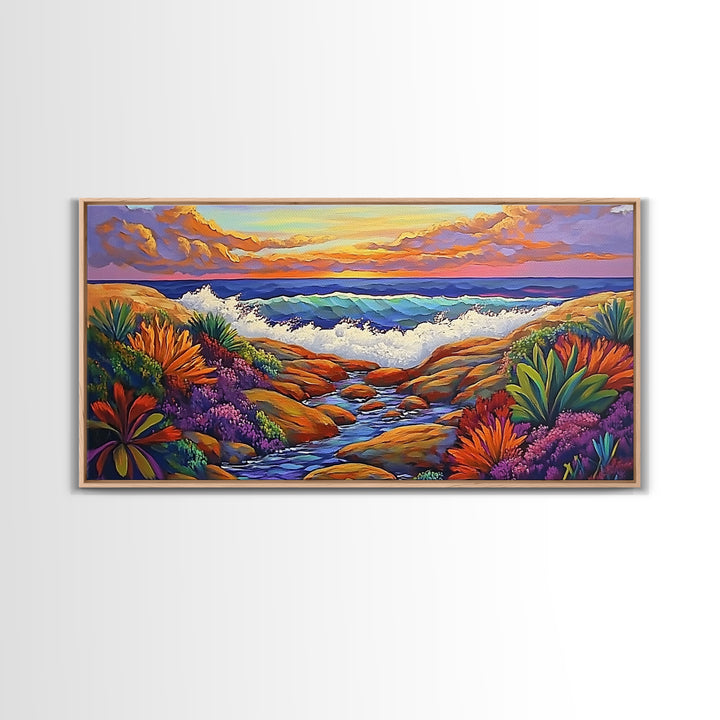 Sunset Ocean, Garden, View, Framed Canvas Print, coastal sunset wall art, tropical flowers, beach décor, boho landscape, living room