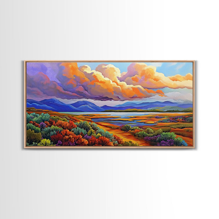 Autumn Mountains, Path, Landscape, Framed Canvas Print, serene autumn mountain scene with vibrant clouds, colorful field trail art
