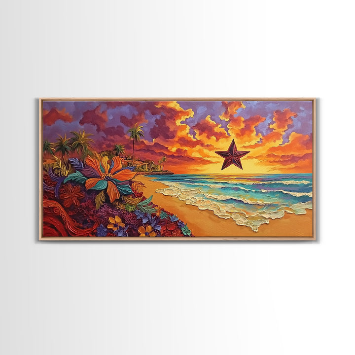 Beach Star, Flower, Sunset, Framed Canvas Print, beach sunset art with star, bold tropical flowers, palm trees, vivid sky, living room
