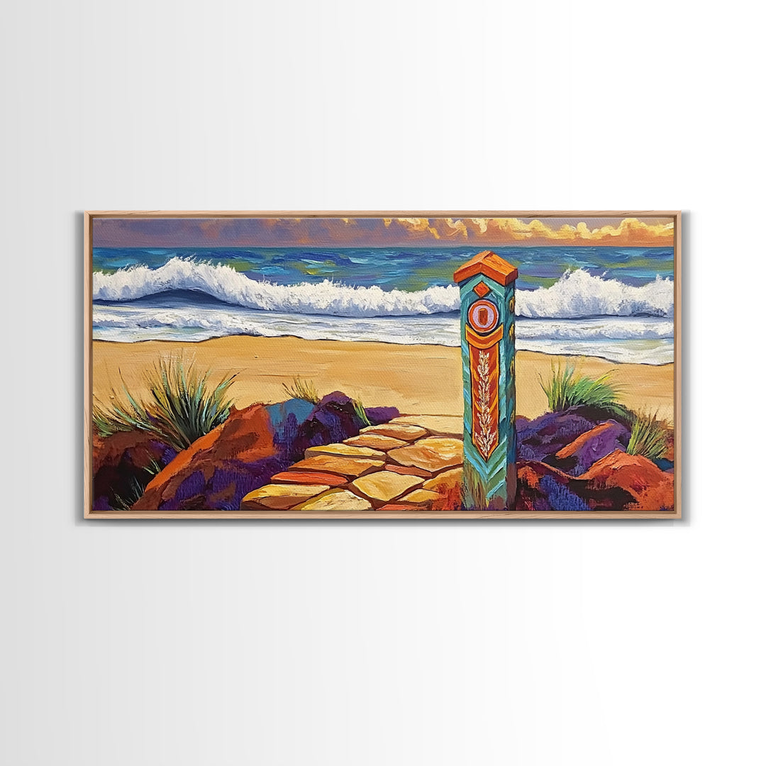 Beach Path, Waves, Nature, Ocean path with pillar, Framed Canvas Print, Coastal Decor, Vibrant Wall Art, Bathroom or Hallway Art