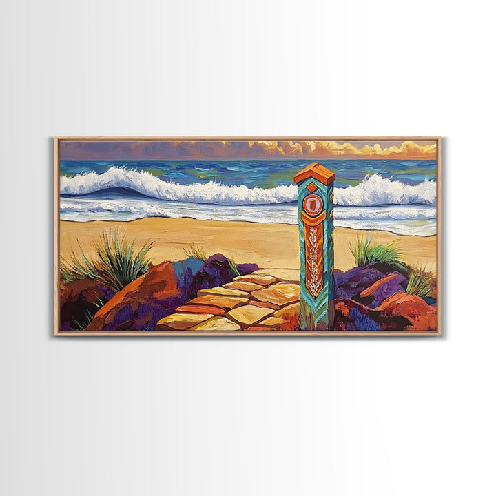 Beach Path, Waves, Nature, Ocean path with pillar, Framed Canvas Print, Coastal Decor, Vibrant Wall Art, Bathroom or Hallway Art