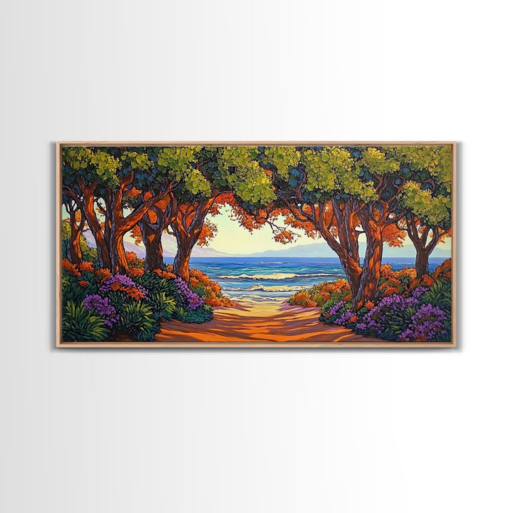 Beach Trees, Tunnel, Ocean, Sunset beach tunnel view, Framed Canvas Print, Coastal Boho Decor, Romantic Seaside Wall Art