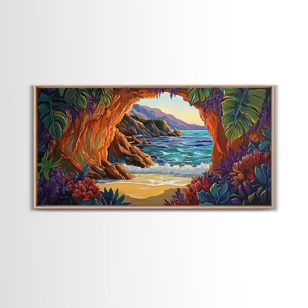 Cave, Beach, Jungle, Ocean, Canvas Print, Coastal jungle scene, tropical beach view, living room or entryway boho wall decor