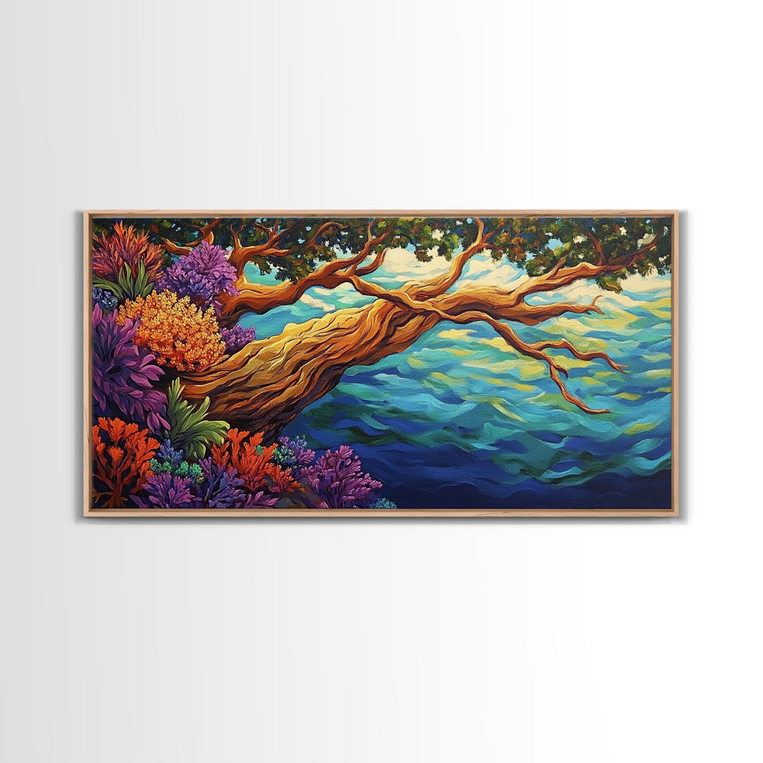 Tree, Ocean, Cliffside, Wildflowers, Framed Canvas Print, Vibrant ocean view, coastal tree decor, autumn style living room wall art