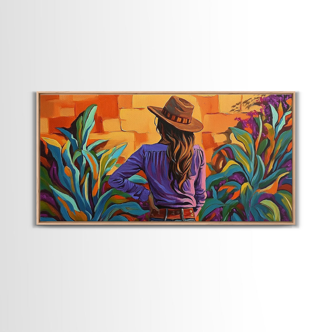 Cowgirl Desert, Vibes, Art, Framed Canvas Print, Western woman cactus wall art, rustic country home decor, southwestern living room