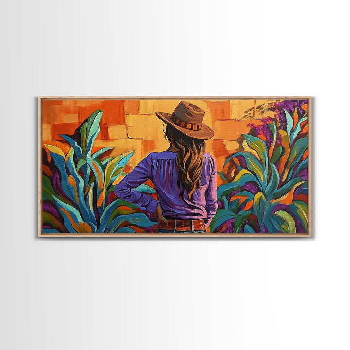 Cowgirl Desert, Vibes, Art, Framed Canvas Print, Western woman cactus wall art, rustic country home decor, southwestern living room