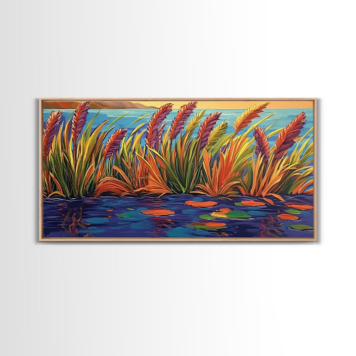 Autumn Lakeside, Grasses, Art, Framed Canvas Print, Fall coastal reed painting, rustic harvest decor, nature print, living room wall