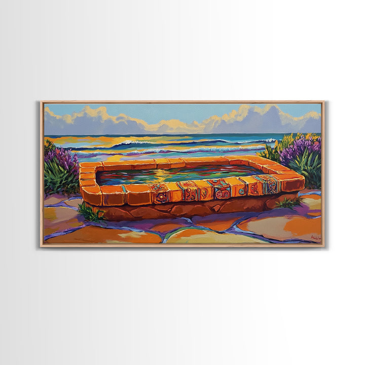 Ocean Terrace, Bath, Scene, Framed Canvas Print Mexican tile spa ocean view, tropical coastal wall art, vibrant bathroom or garden print