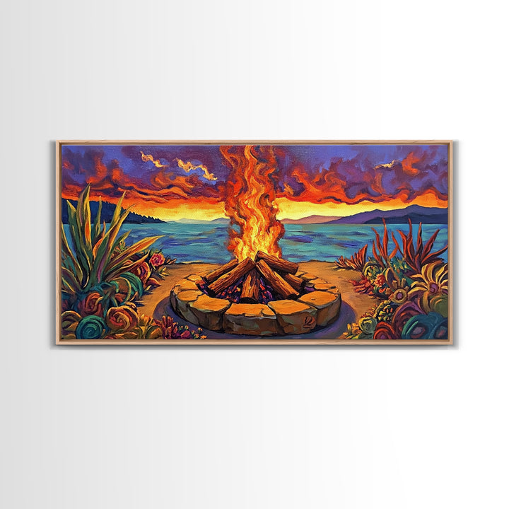 Campfire Desert, Sunset, Fiery Skies, bold landscape Canvas Print, autumn outdoor art, cozy rustic living room wall décor