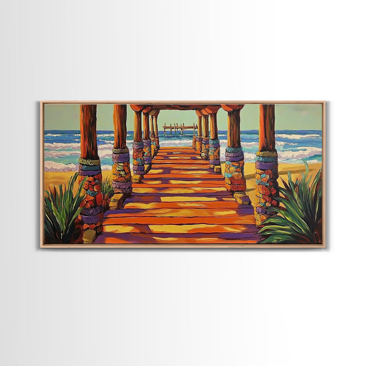 Pier Beach, Sunset, Vibrant, Canvas Print tropical coastal wall art, beach hallway decor, ocean waves painting, summer home artwork