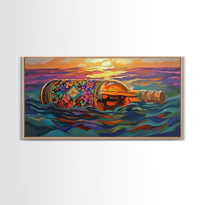 Bottle Ocean, Sunset, Flowers, Framed Canvas Print tropical beach bathroom decor, coastal boho wall art, floral message bottle painting