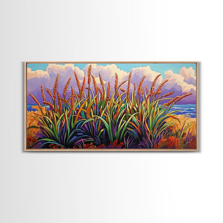 Wheat Grasses, Coastal, Sunrise, Canvas Print rustic boho kitchen wall art, country field beach decor, nature inspired autumn artwork