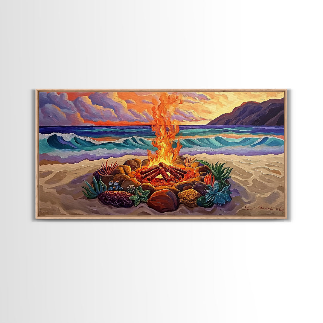 Beach Campfire, Sunset, Tropical Vibes, island evening Canvas Print, fall boho decor, colorful beach firepit living room wall art