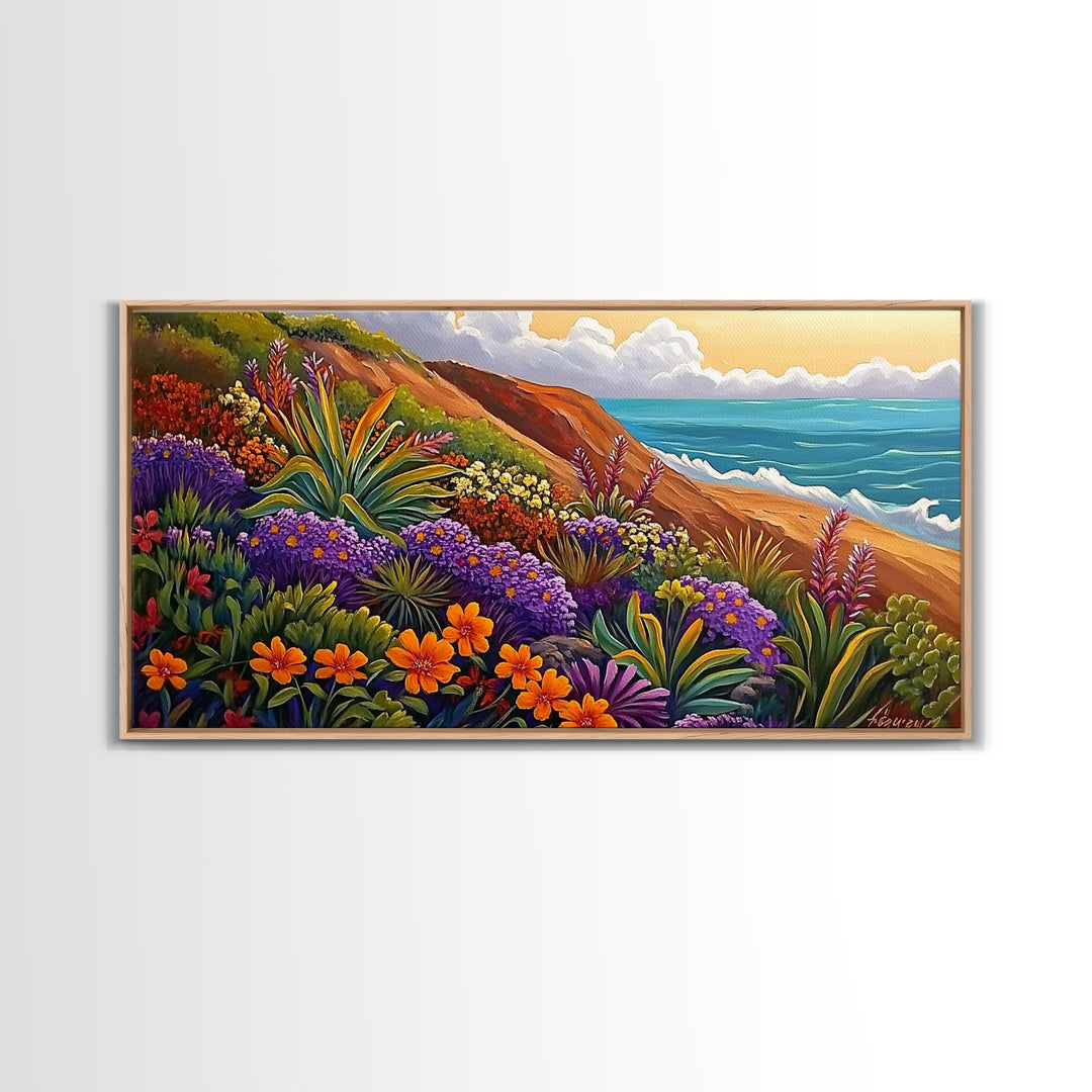 Coastal Floral, Landscape Painting, Canvas Print, vibrant beach flowers, ocean view wall decor, boho style Living Room Wall Art
