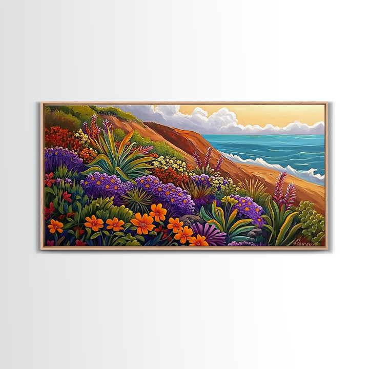 Coastal Floral, Landscape Painting, Canvas Print, vibrant beach flowers, ocean view wall decor, boho style Living Room Wall Art