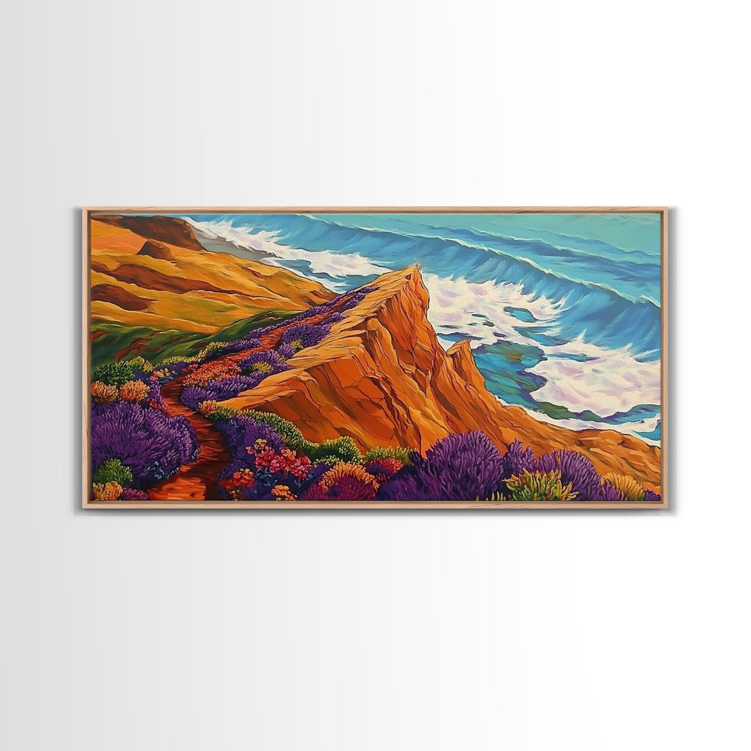 Cliff Flowers, Ocean Horizon, Framed Canvas Print, bold floral bluff, coastline scene, vibrant scenic Kitchen Wall Art, boho decor