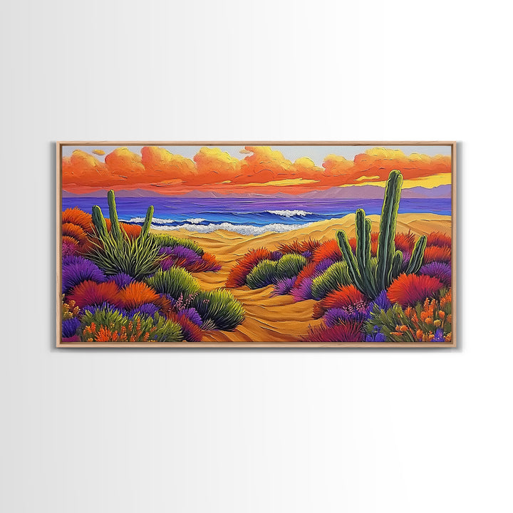 Cactus Sunset, Desert Painting, Framed Canvas Print, vibrant desert coastline, colorful flora, boho ar,t Southwest Style Entryway