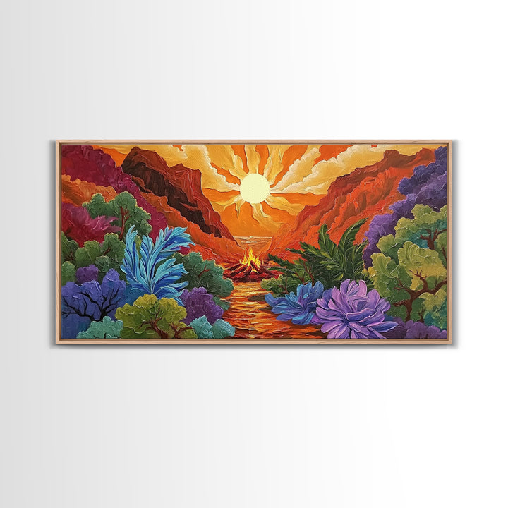 Campfire Valley, Sunset, Vivid Sky, bright forest Canvas Print, fall nature decor, bold boho fire painting, cozy cabin wall art