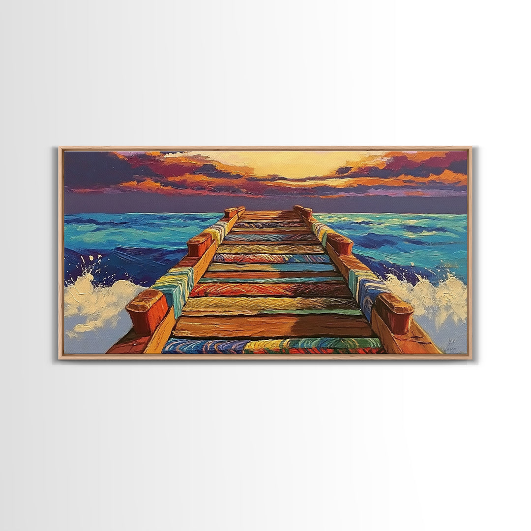 Ocean Pier, Sunset Seascape, Beach House Art, Rustic Dock, Nautical Wall Art, Colorful Painting, Coastal Landscape, Canvas Print