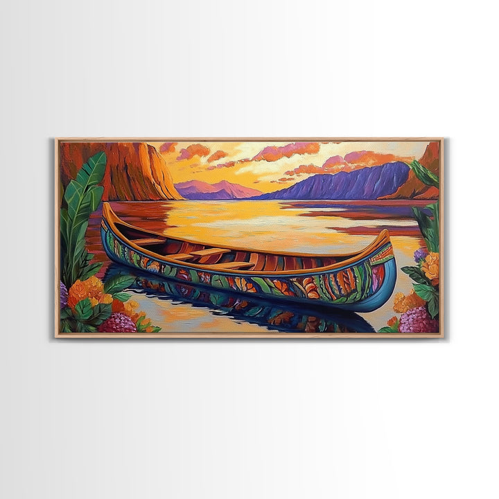 Canoe Tropical, Sunset Reflections, Serene Waters, exotic island Framed Canvas Print, tranquil boho decor, lakehouse wall art