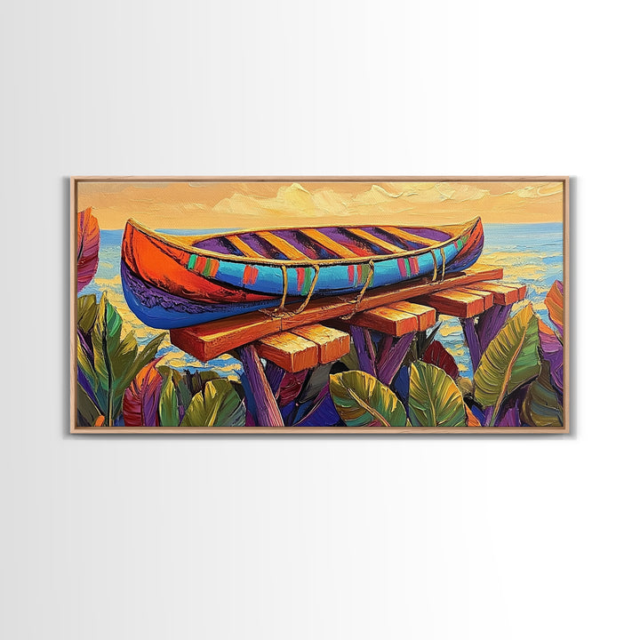 Canoe Dock, Ocean, Bold Palette, vibrant tropical Canvas Print, nautical boho art, playful beach house wall decor, summer vibes