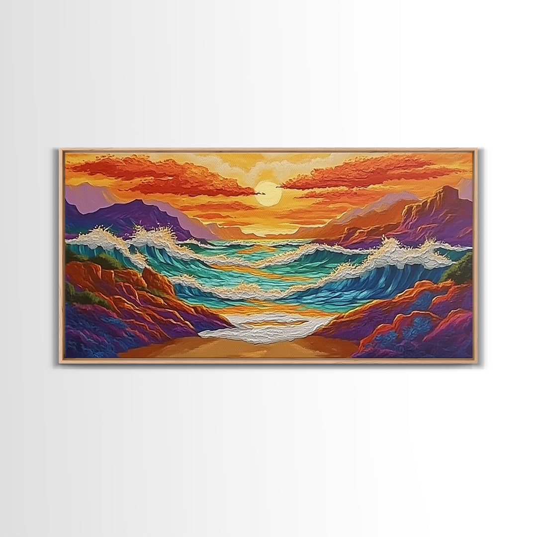 Coastal Sunset, Crashing, Waves, Canvas Print bold seascape painting Living Room Wall Art tropical ocean wall decor beach house style