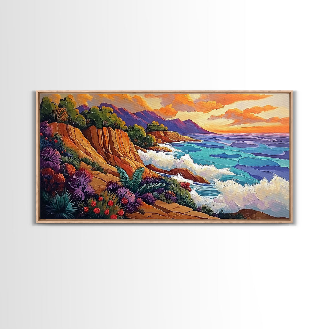 Ocean Cliffside, Sunset, View, Framed Canvas Print vibrant coastal nature artwork Living Room Wall Art beach house boho wall decor