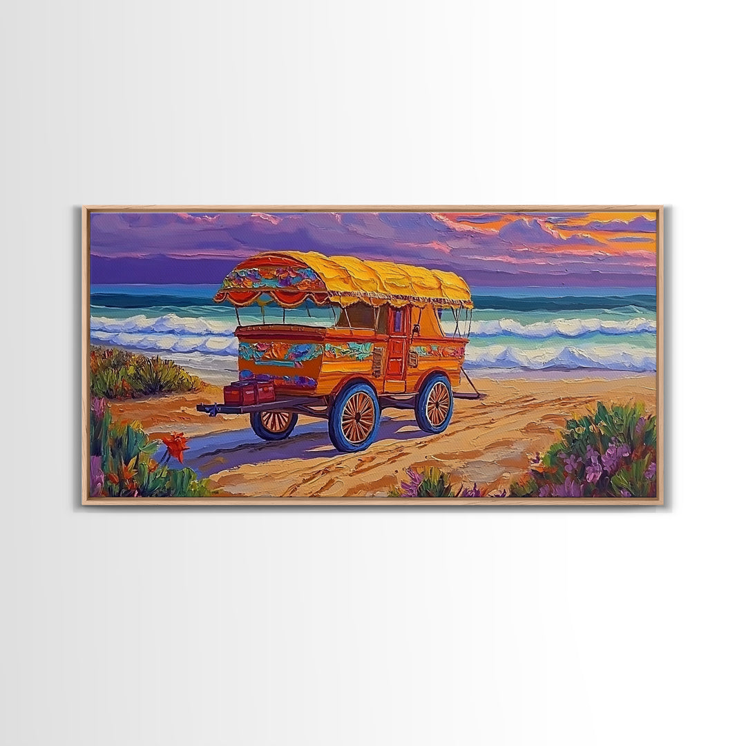 Beach Wagon, Sunset, Nostalgia, Canvas Print vintage coastal travel art Living Room Wall Art boho beach scene summer home vibe