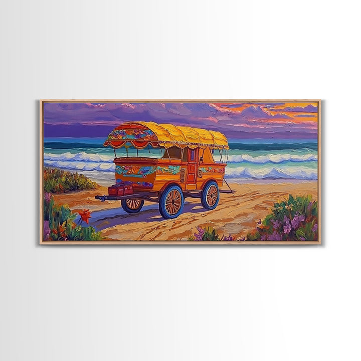 Beach Wagon, Sunset, Nostalgia, Canvas Print vintage coastal travel art Living Room Wall Art boho beach scene summer home vibe