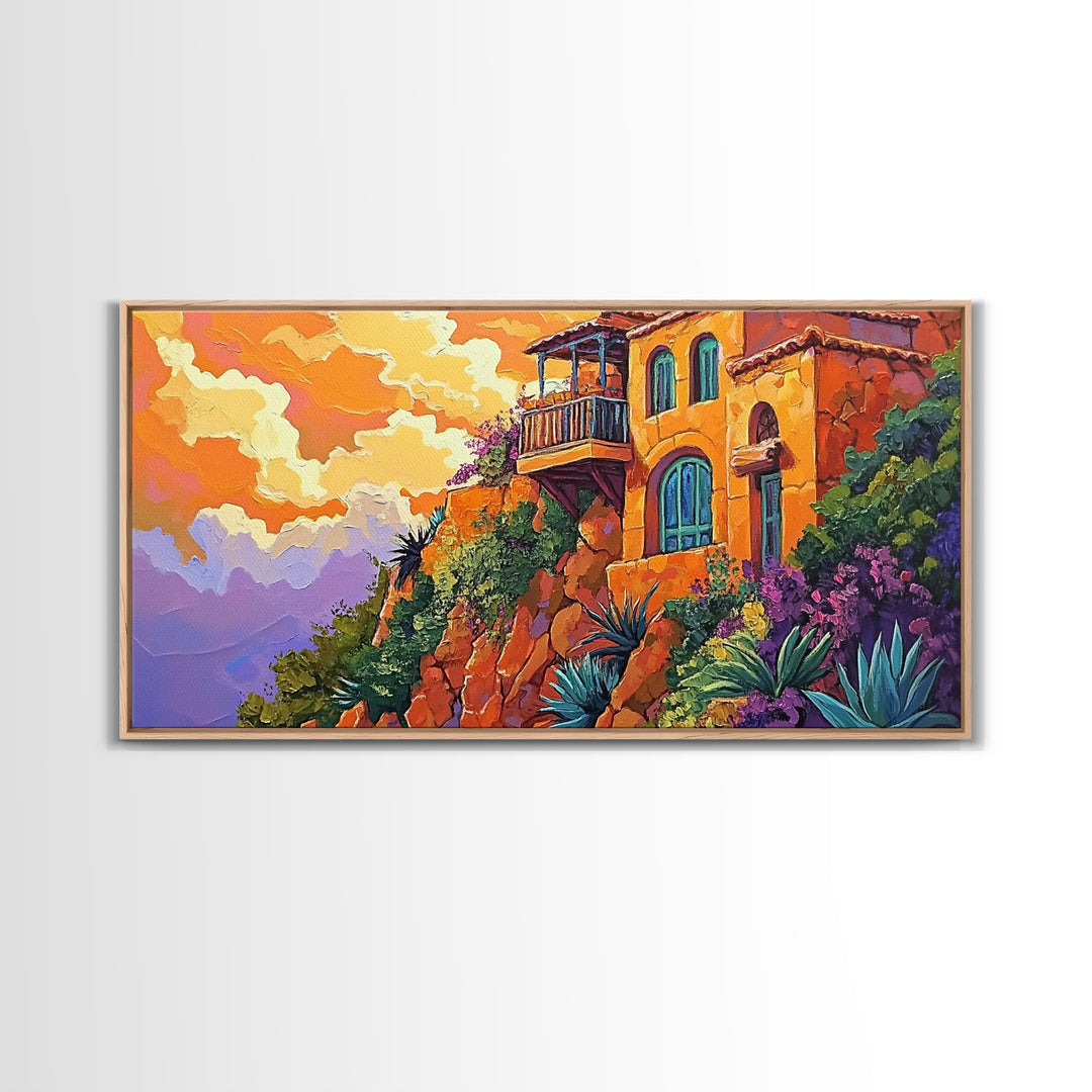 Cliffside House, Sunset, View, Desert boho mountain house, colorful Canvas Print, living room wall art, dramatic sky landscape painting