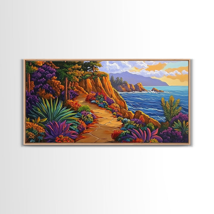 Pathway Ocean, Flowers, Escape, Coastal trail wall art, vibrant Canvas Print, bedroom nature painting, colorful California coast style