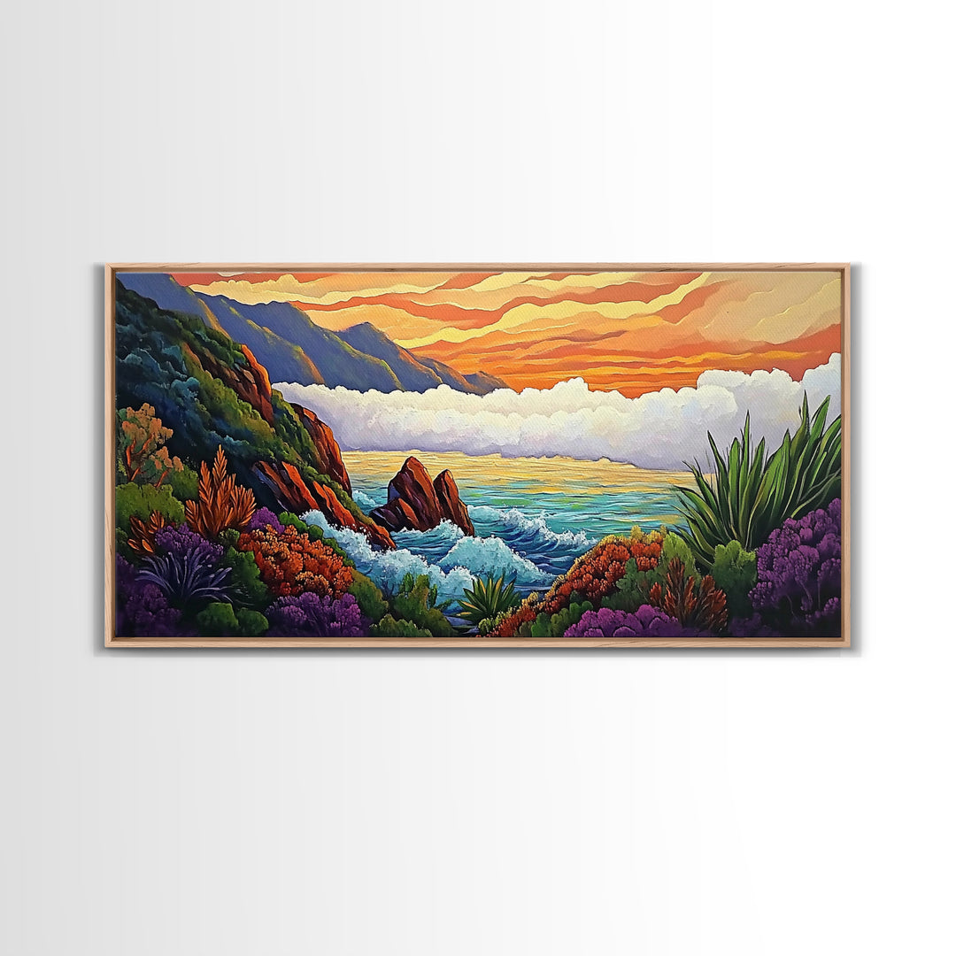 Ocean Sunset, Hills, Tropical, Serene beach Canvas Print, tropical landscape wall art, calming sunset painting, living room boho decor