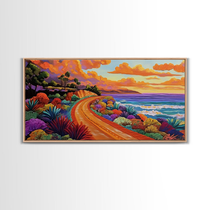 Coastal Train, Sunset, Framed Canvas Print, Vibrant coastal sunset railway painting, Colorful beachscape boho art, Hallway Wall Art