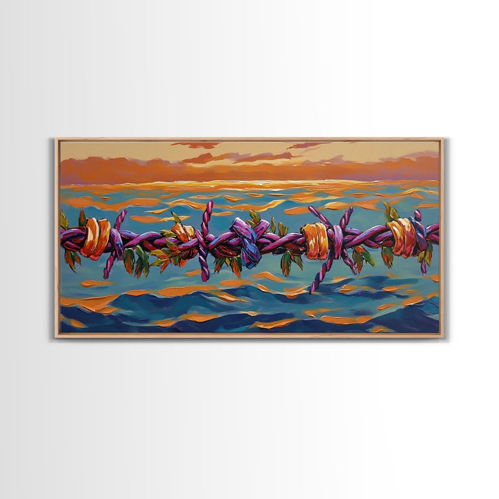 Barbed Sunset, Ocean, Framed Canvas Print, Symbolic Ocean Barbed Wire Art, Modern Sunset Expressionist Decor, Unique Office Wall Art