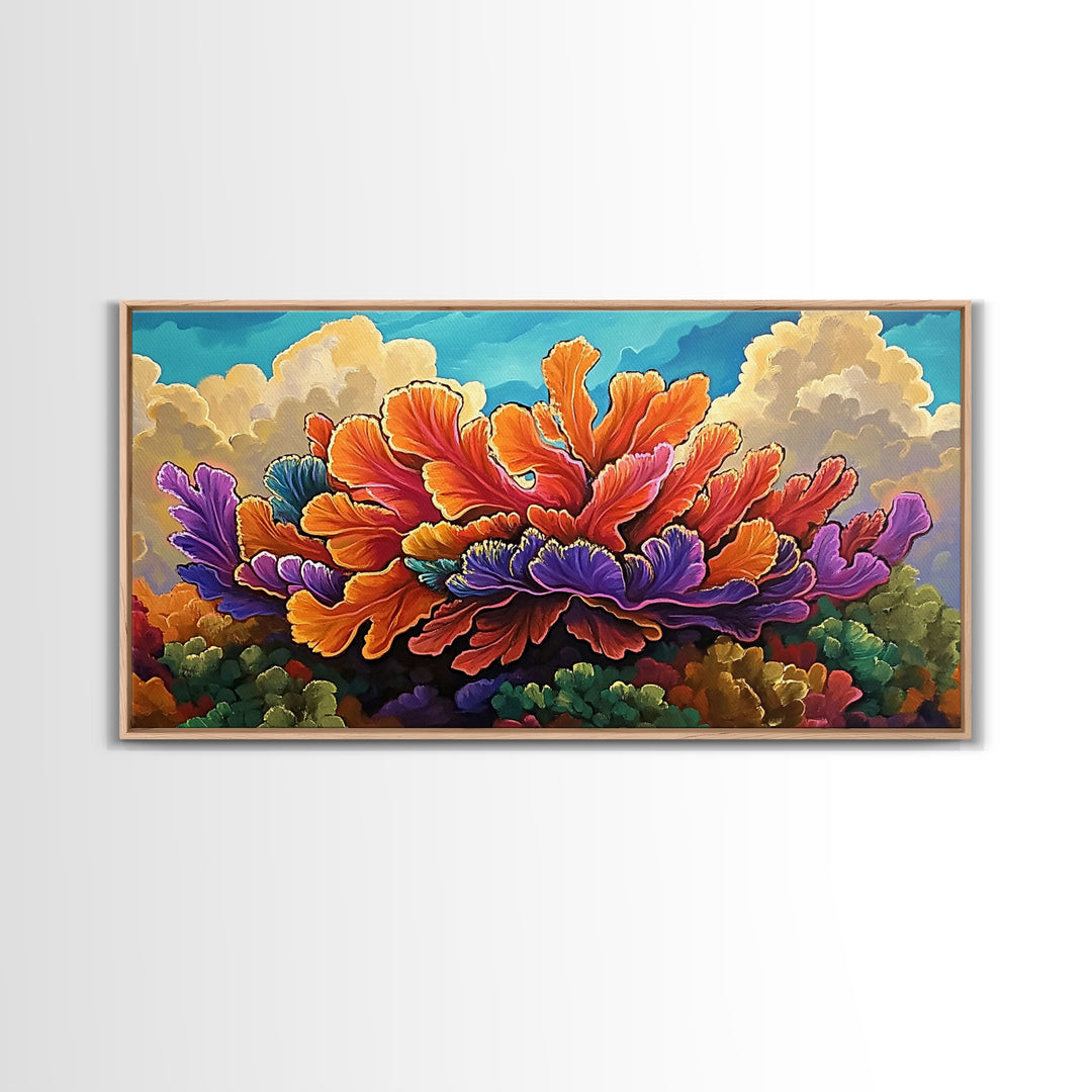 Coral Bloom, Ocean, Framed Canvas Print, Abstract blooming coral reef under dreamy sky painting, Modern Coastal Decor, Bedroom Wall Art