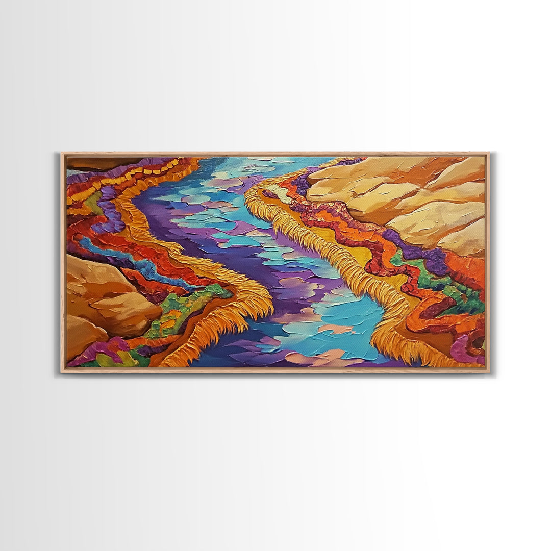 River Abstract, Color, Framed Canvas Print, Textured abstract river canyon painting, Desert Vibe Landscape Art, Hallway Wall Art