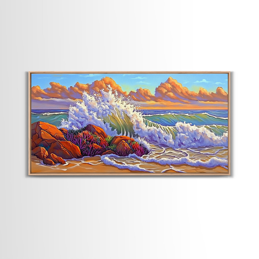 Rocks Waves, Sky, Framed Canvas Print, Majestic ocean wave crashing on rocks under golden clouds, Tropical Seascape, Coastal Living Room
