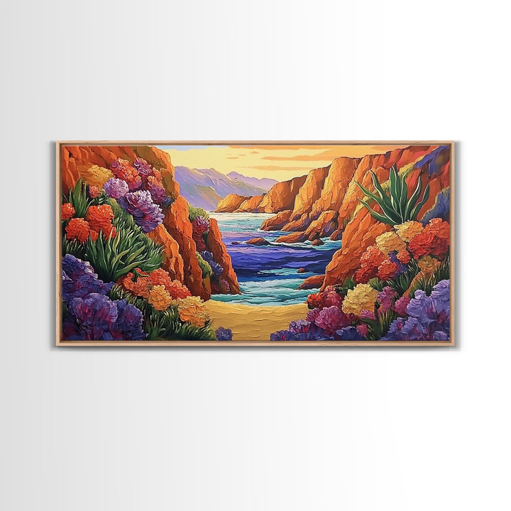 Desert Coast, Flowers, Path, Canvas Print, vibrant canyon seascape, southwest home decor, hallway wall art, colorful desert painting