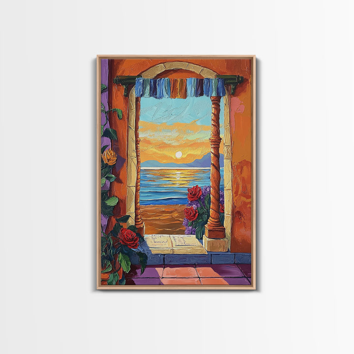 Doorway Sunset, Ocean, Romance, Canvas Print, Mediterranean seascape art, boho romantic wall decor, warm tones, Bedroom or Dining Room