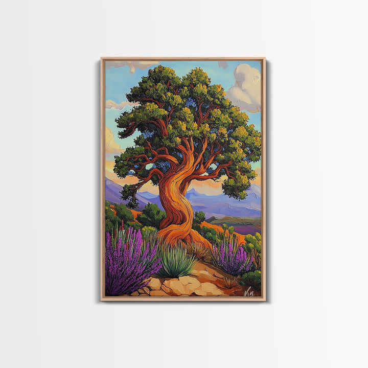 Tree Landscape, Nature, Autumn, Framed Canvas Print twisted pine tree painting, desert sunset landscape, nature wall decor, rustic boho art
