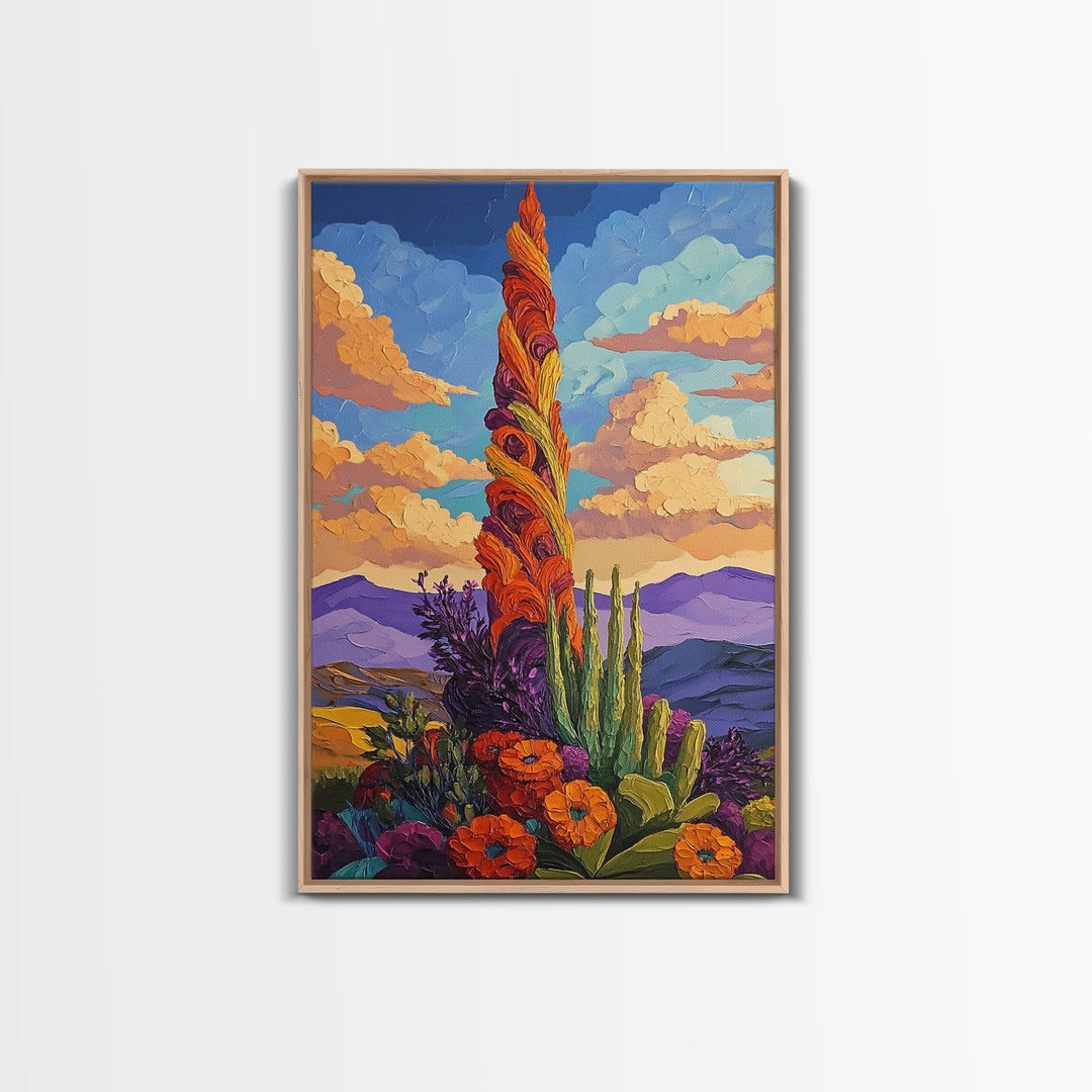 Cactus Bloom, Sunset, Desert, Canvas Print southwest desert flower art, blooming cactus painting, bright desert landscape, office decor