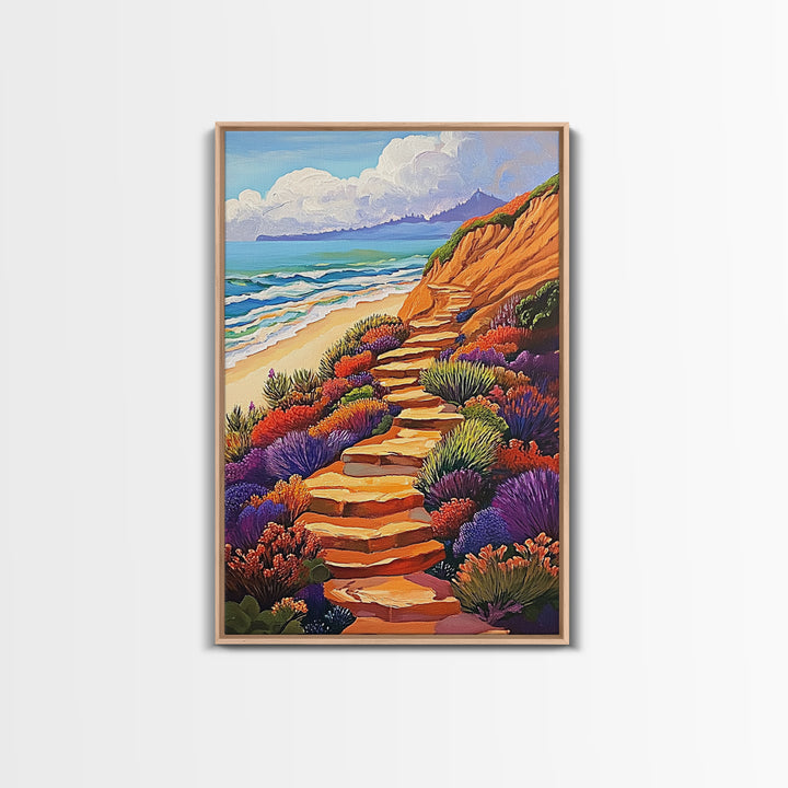 Ocean Trail, Bloom, Cliffside, Framed Canvas Print, Vibrant beach path painting, floral coastal art, boho landscape wall décor
